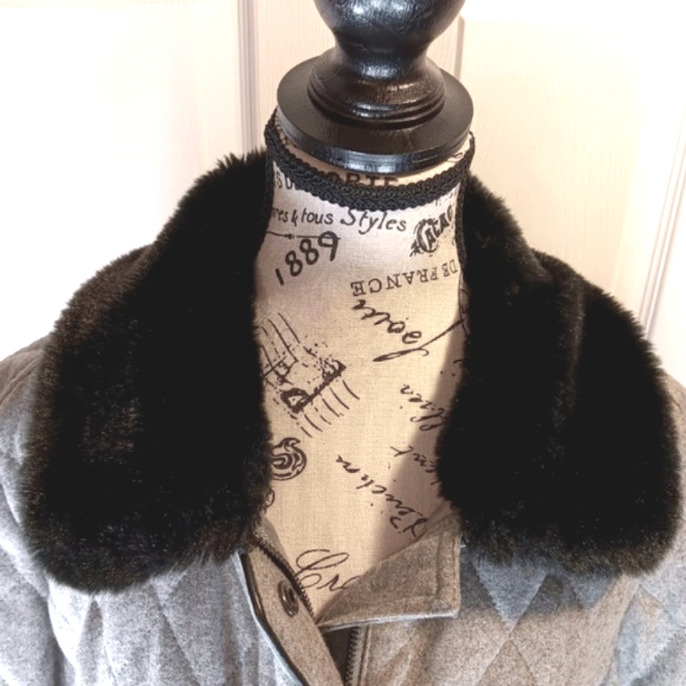 NWOT Alfred Sung Grey Wool Blend Pea Coat Quilted Black Faux Fur Collar XL - Picture 11 of 16